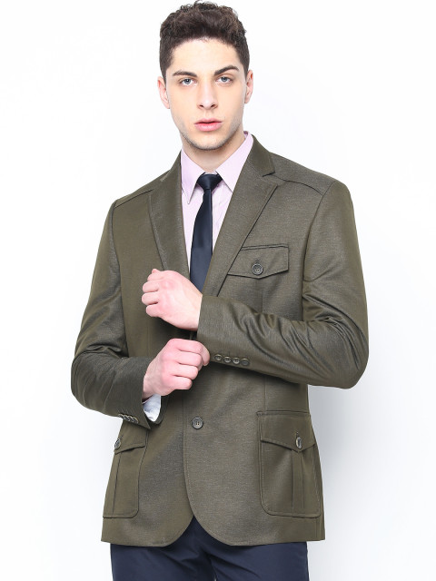 John Players Men Olive Green Single Breasted Formal Blazer