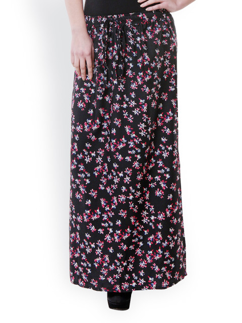 PURYS Black Floral Printed Maxi Skirt