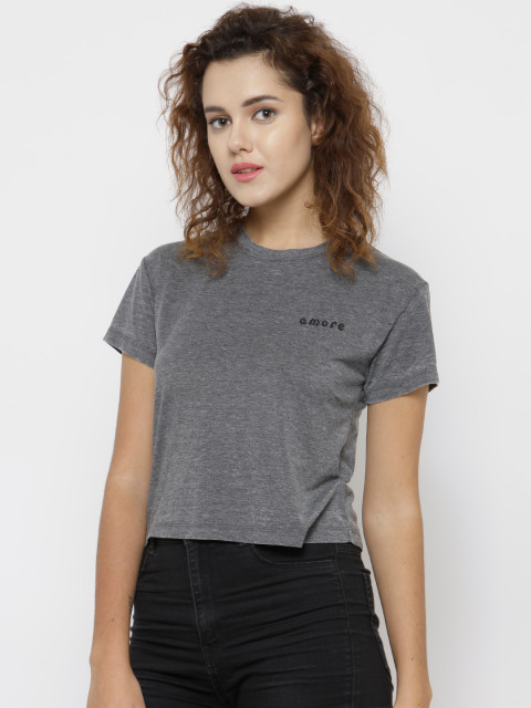 Forever 21 Women Grey Melange Solid Round Neck T-Shirt