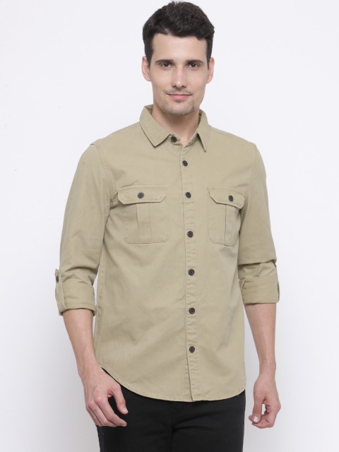 Men Khaki Regular Fit Solid Casual Shirt