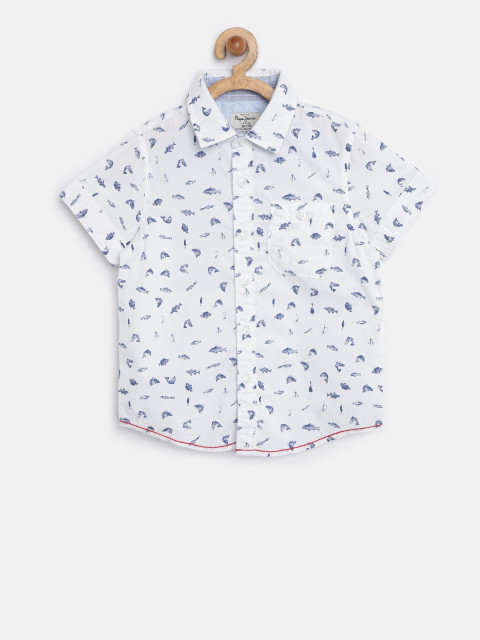 Pepe Jeans Boys White and Blue Printed Casual Shirt