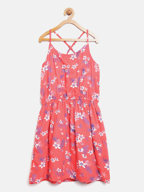 Pepe Jeans Girls Coral Red Floral Print Fit and Flare Dress