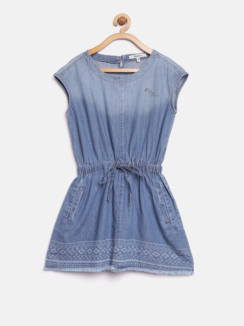 Pepe Jeans Girls Blue Solid Denim Fit and Flare Dress