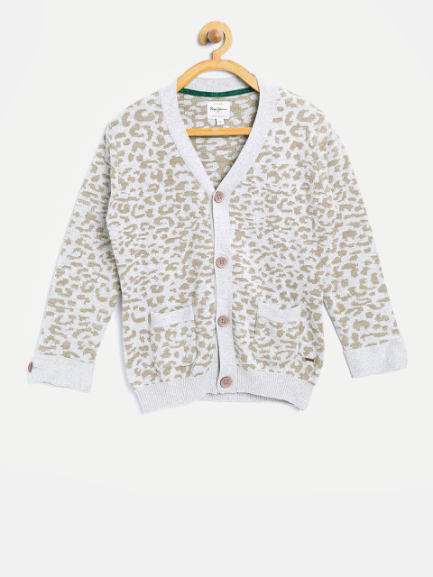 Pepe Jeans Girls Grey Melange and Brown Patterned Cardigan