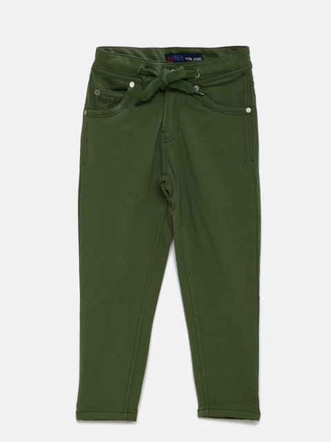 Pepe Jeans Boys Olive Green Regular Fit Solid Trousers
